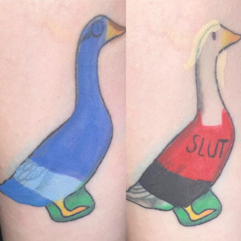 i dress up my porch goose tattoo with makeup everyday and i cant believe its taken me so long to do this duo.jpeg