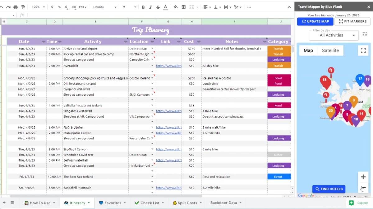 Travel Mapper is a detailed Google Sheet to plan your trip with friends and visualize it on Google Maps