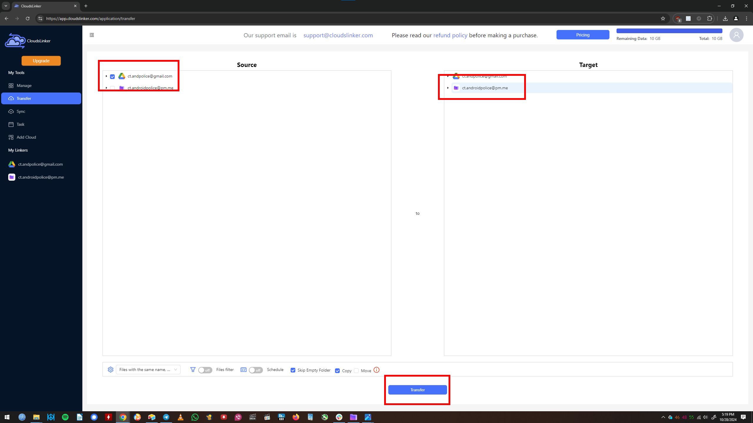 A screenshot of the Cloudslinker transfer process