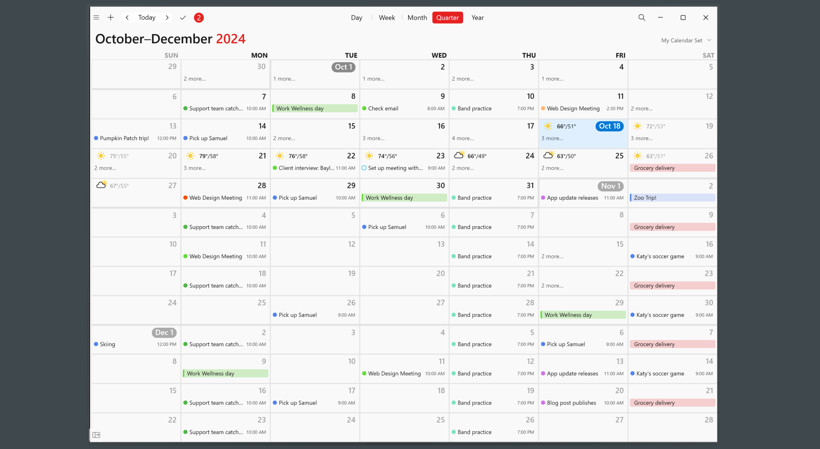 A quarterly view of a calendar, displayed on Fantastical for Windows 