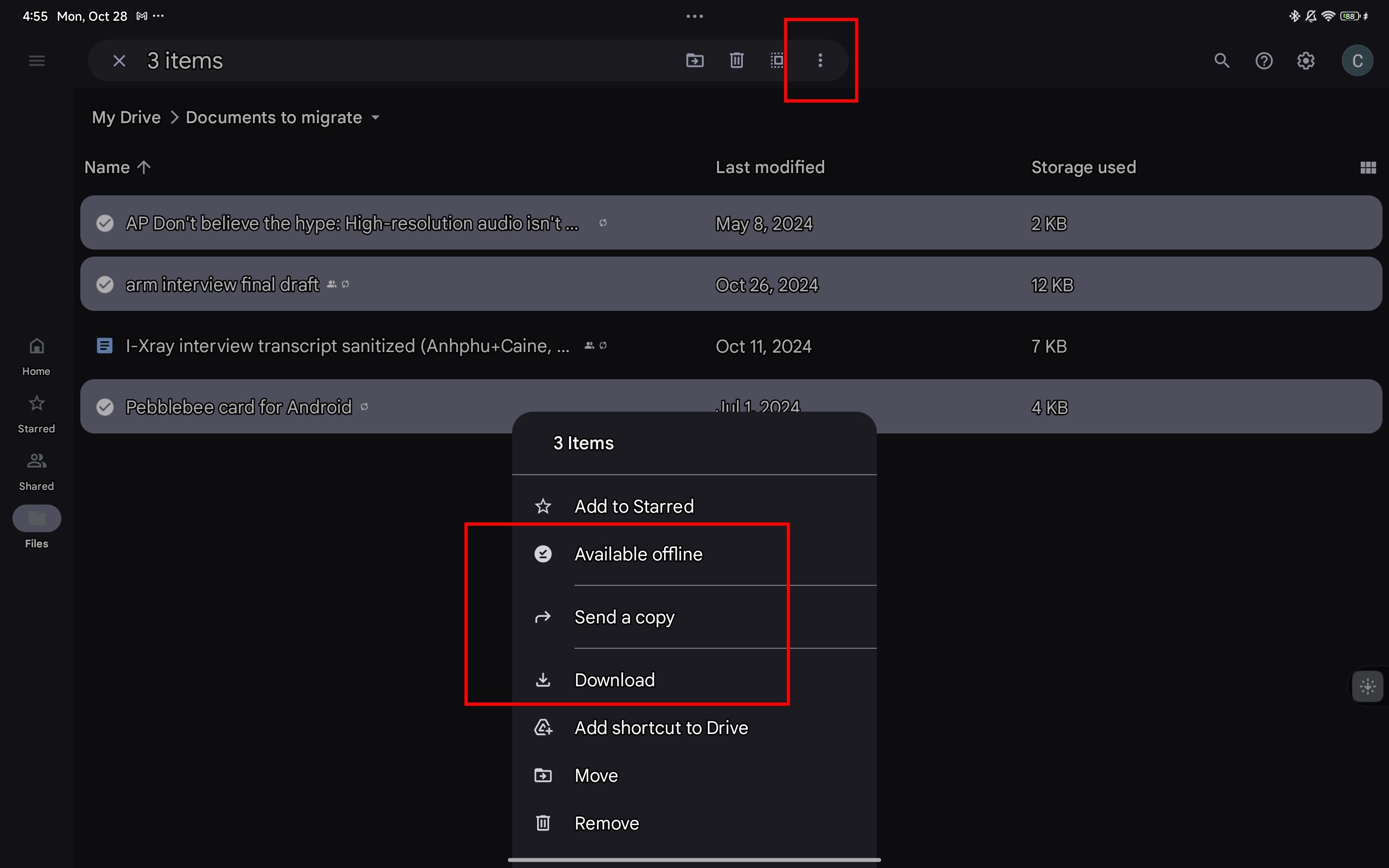 A screenshot of the Google Drive multiple files selection and Send a copy option