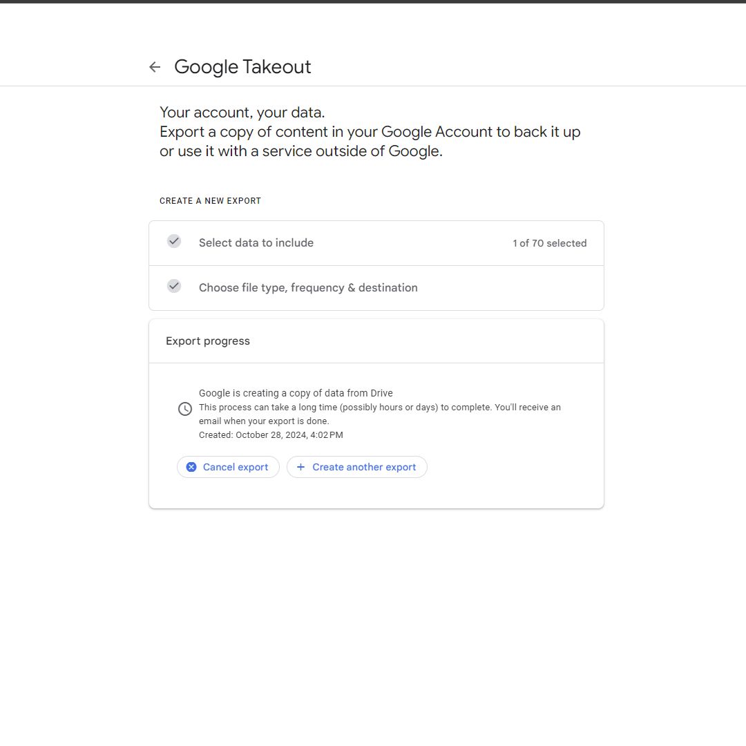 A screenshot of the Google Takeout export created confirmation page