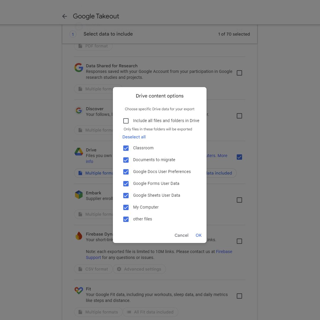 A screenshot of the Google Takeout document type selection screen