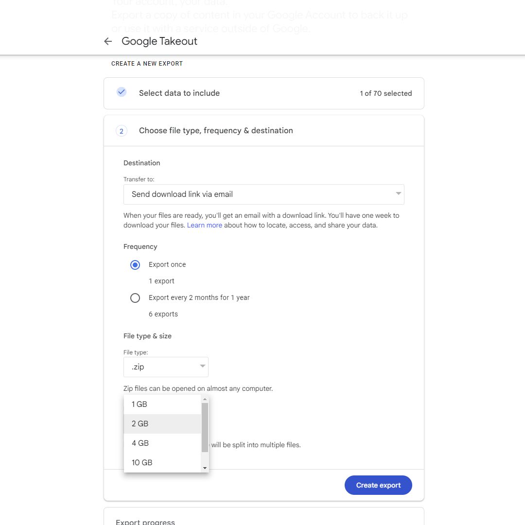 A screenshot of the Google Takeout document  type selection screen