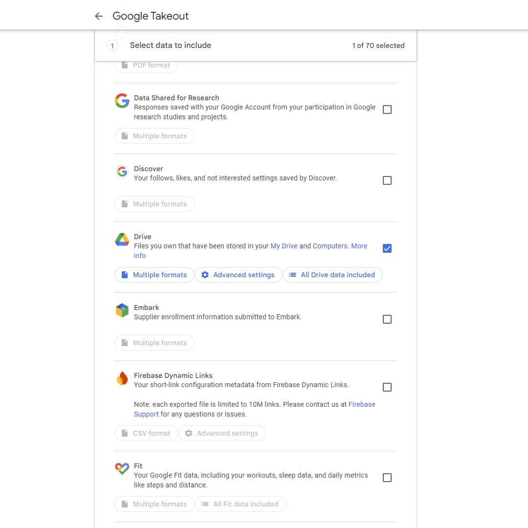 A screenshot of the Google Takeout selection screen