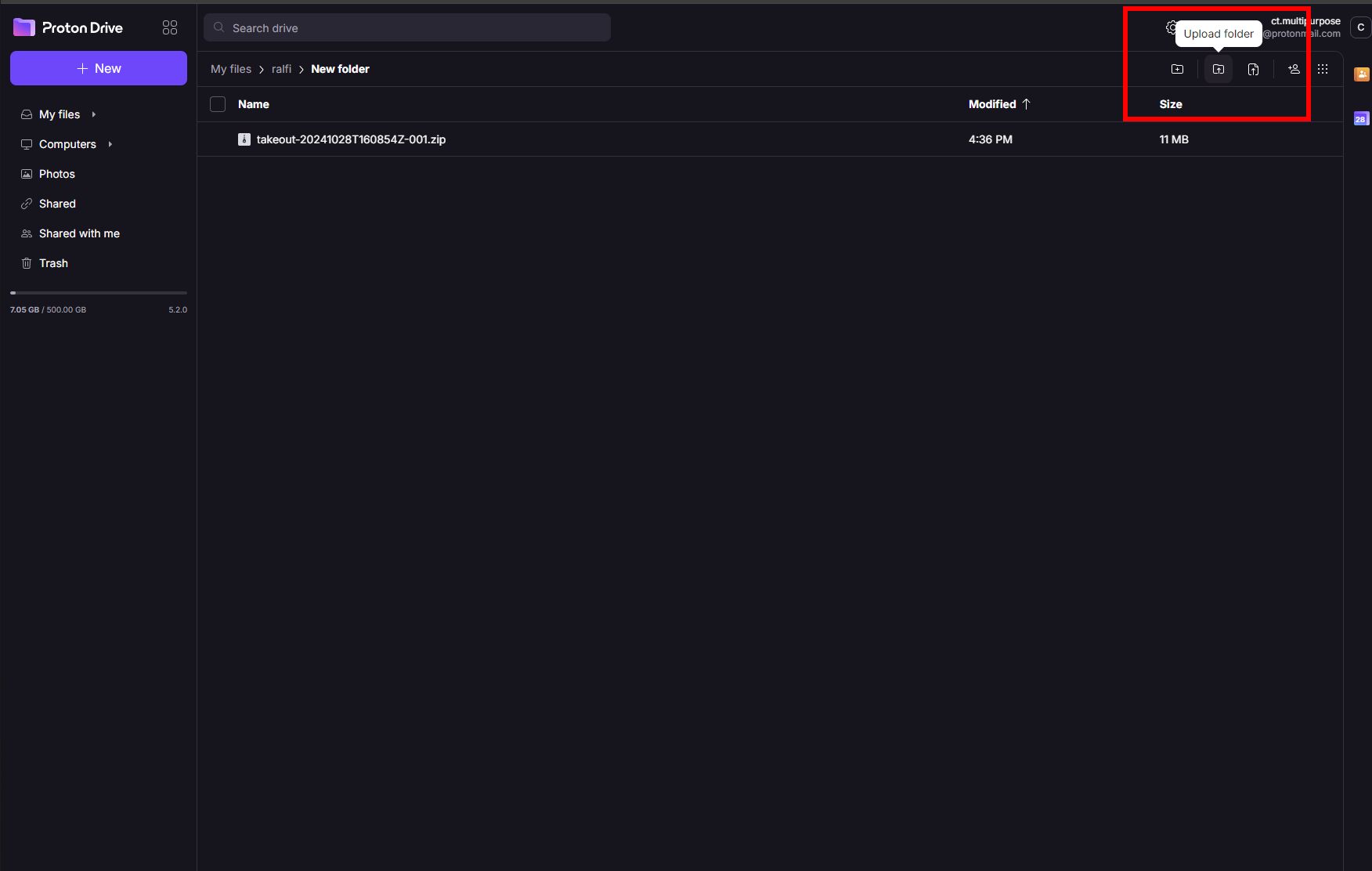 A screenshot of the Proton Drive interface with the Upload Folder option highlighted