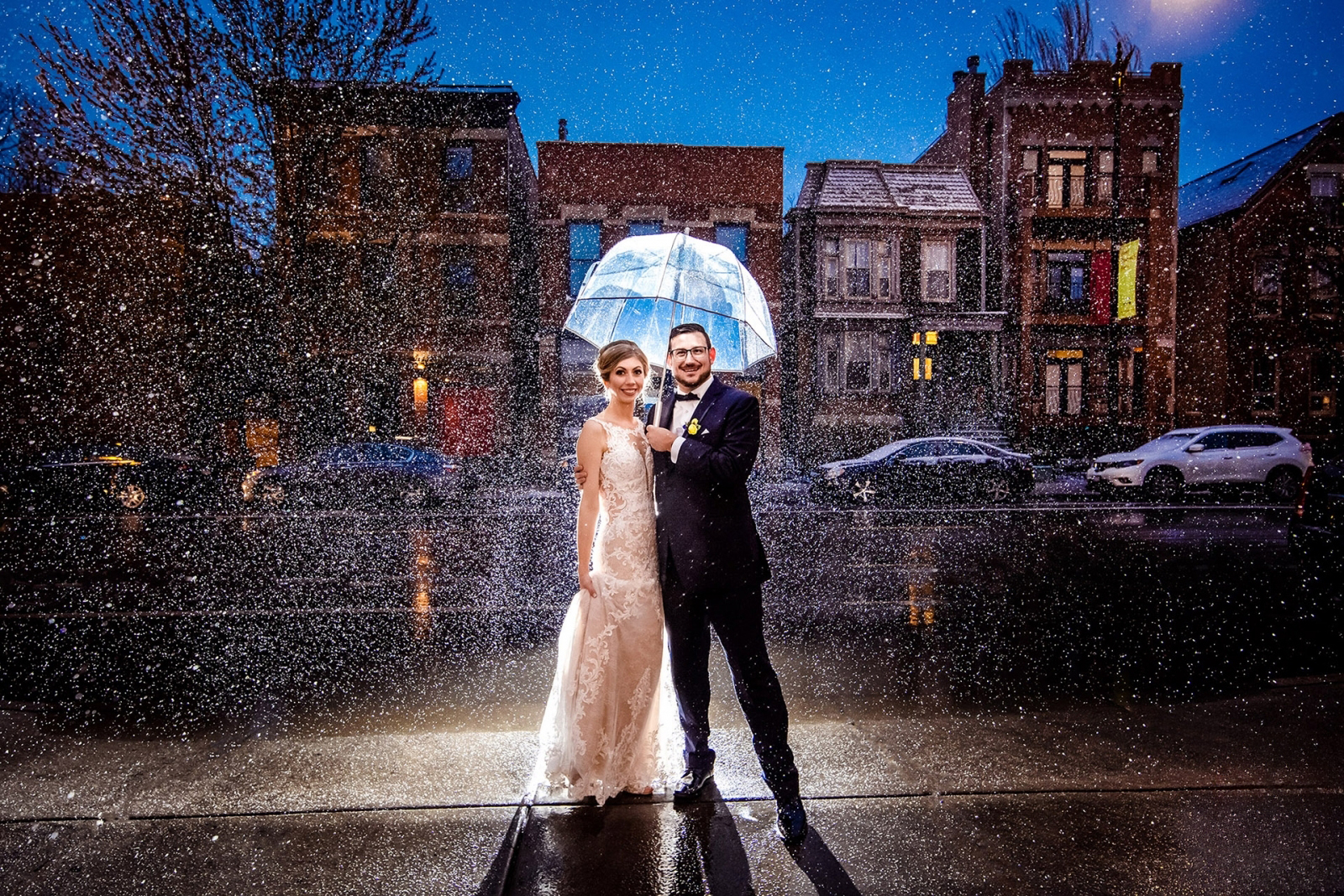 couple in rain at night