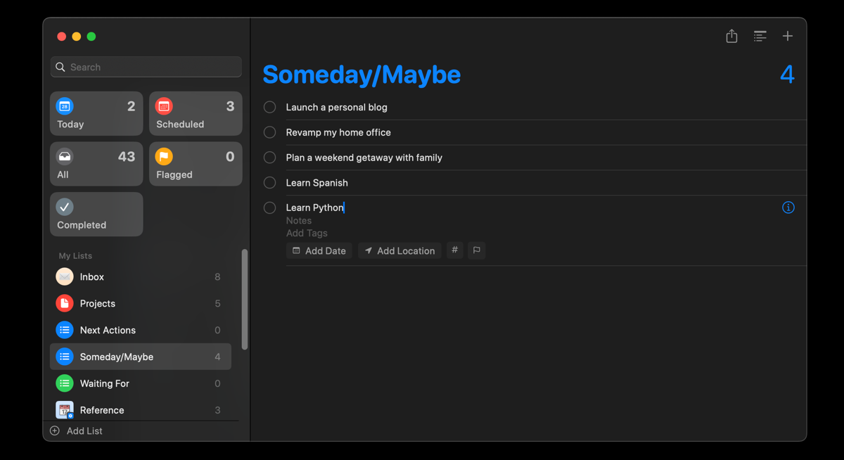 A Someday/Maybe list in the Reminders app