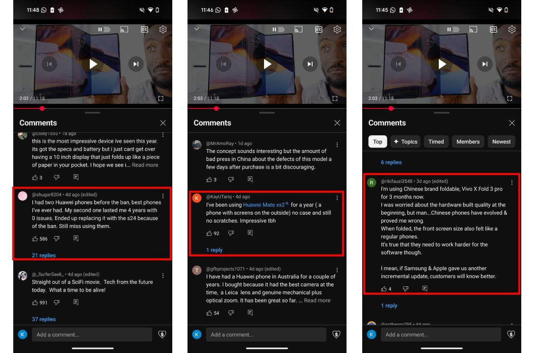 Screenshots highlighting inconsistency in YouTube's new hyperlinked comments.