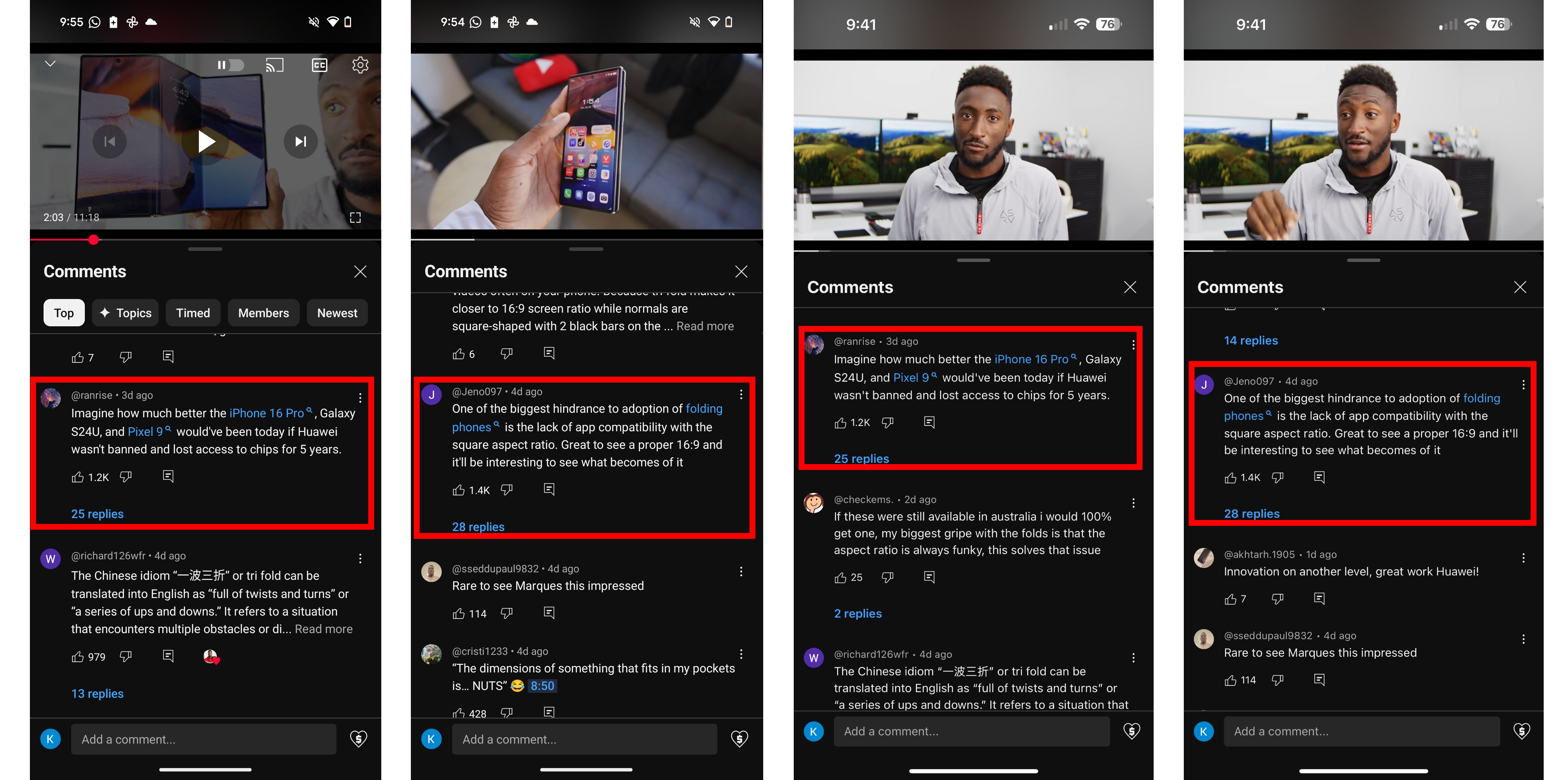 Screenshots of YouTube's Hyperlinked comments on Android and iOS.