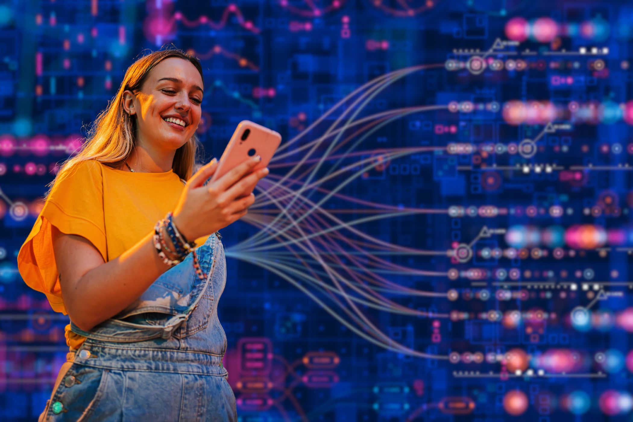 a woman looking at a smartphone with a machine learning algorithm tree in the background