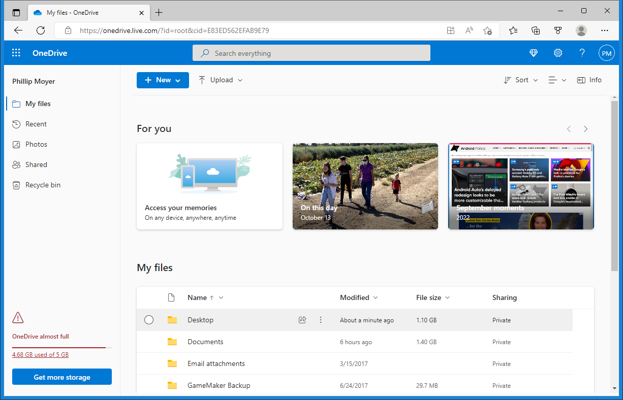 Screenshot of the web version of OneDrive