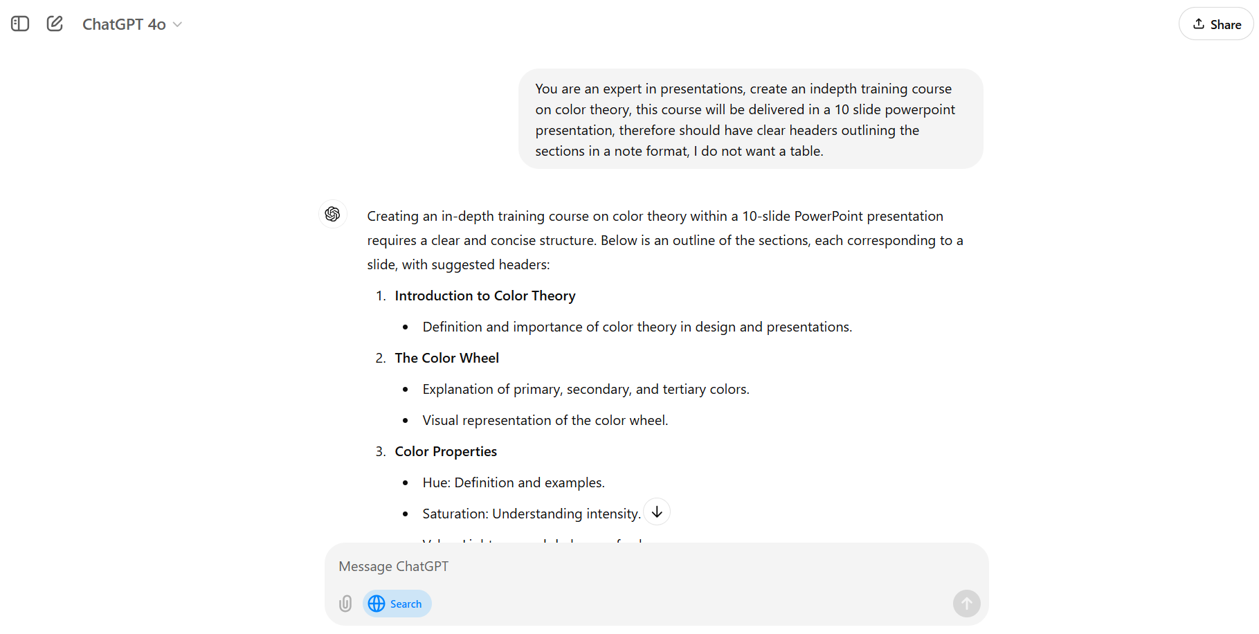 Depiction of the results of a prompt in ChatGPT for a training outline.