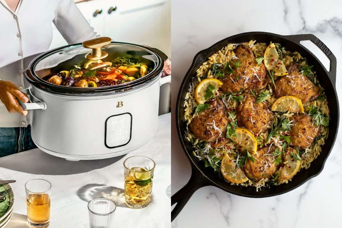 a collage with a slow cooker and a cast iron skillet