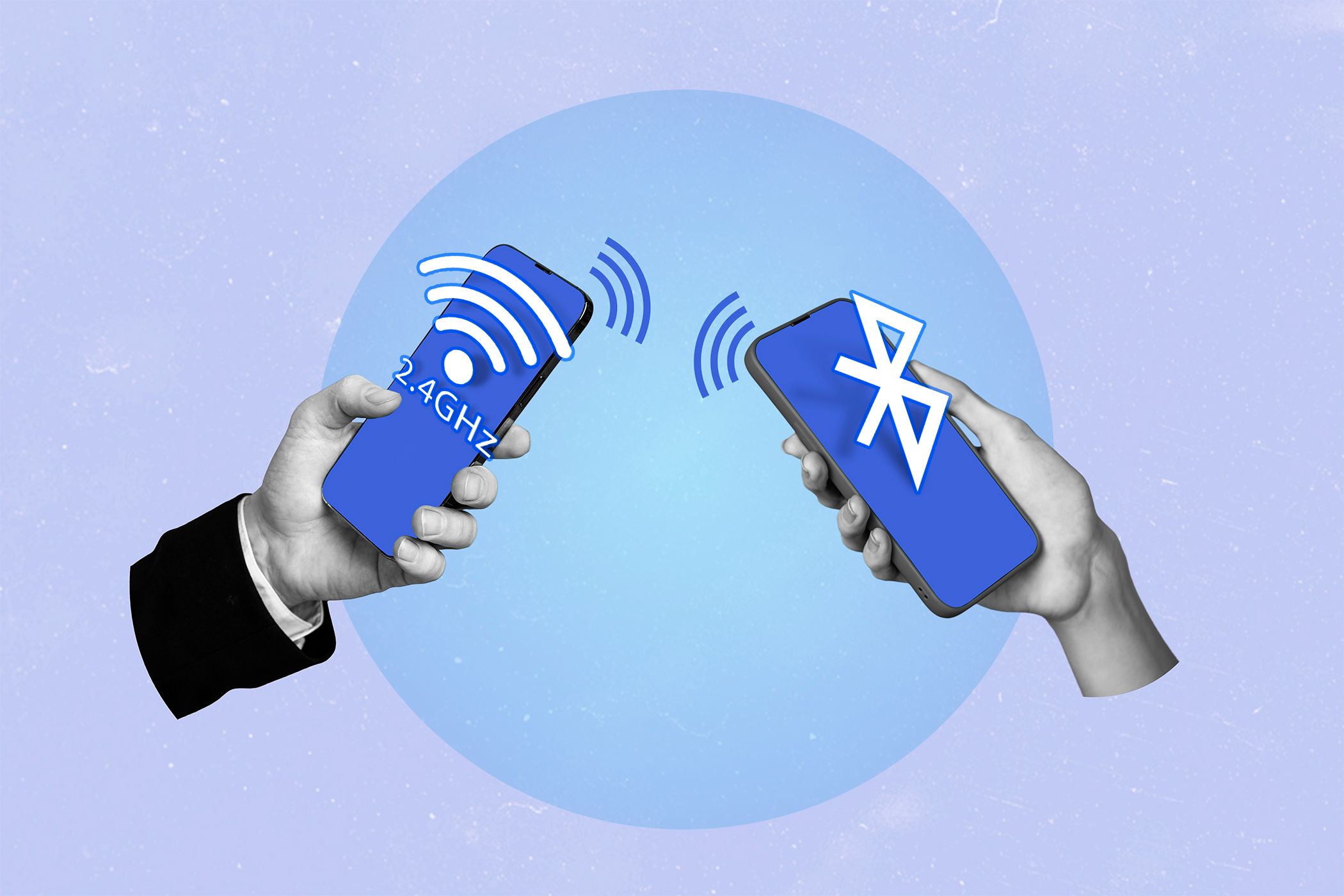 A hand holding a phone with a  Wi-Fi 2.4GHz icon and another hand holding a phone with a Bluetooth icon.