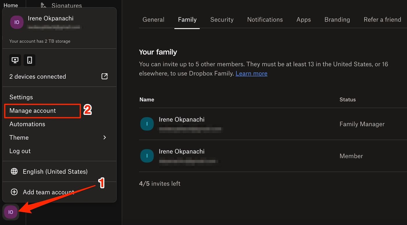 selecting Manage account option on Dropbox Family interface