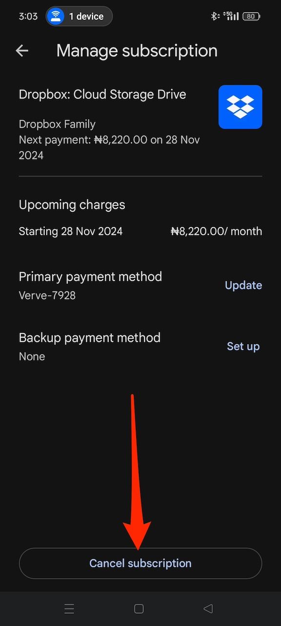 Canceling Dropbox Family subscription on Google Play Store app