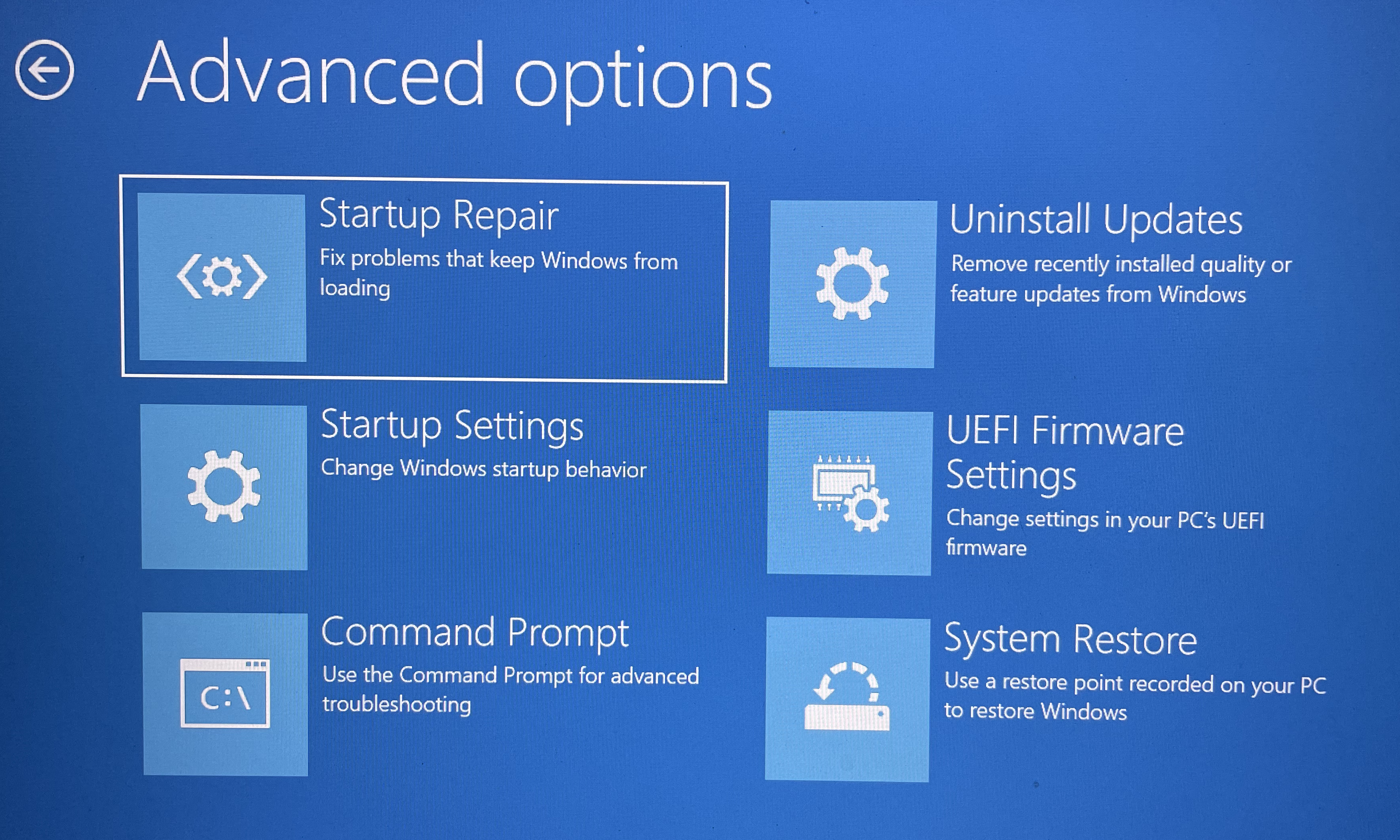 The Advanced Options screen in Windows.