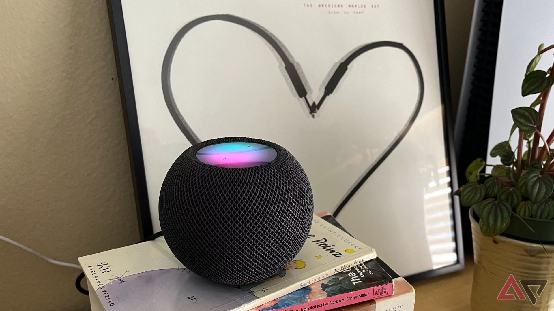 A black HomePod mini on top of books.