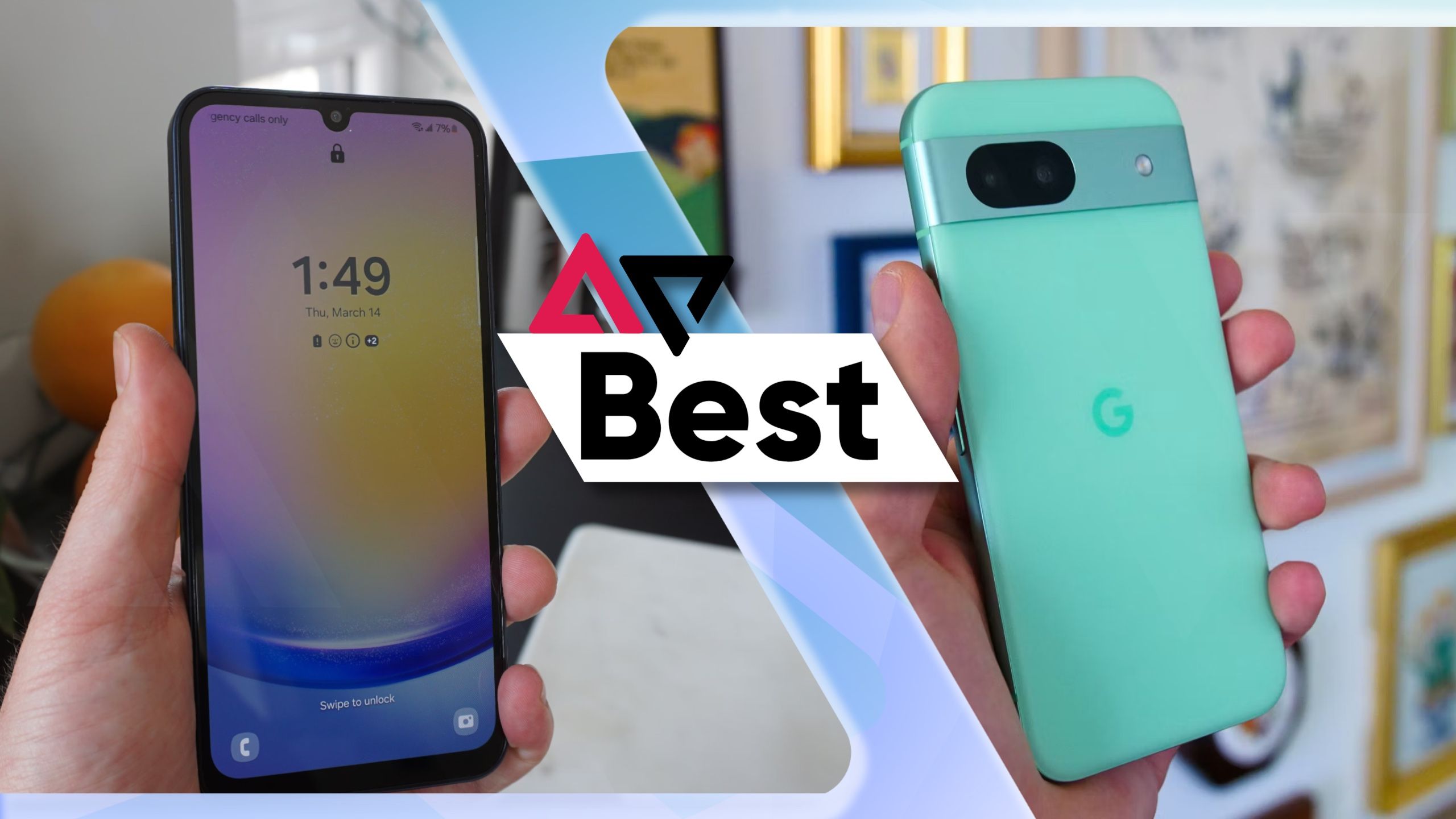 Best budget Android phones feature image with Samsung Galaxy A25 5G on the left and Google Pixel 8a on the right