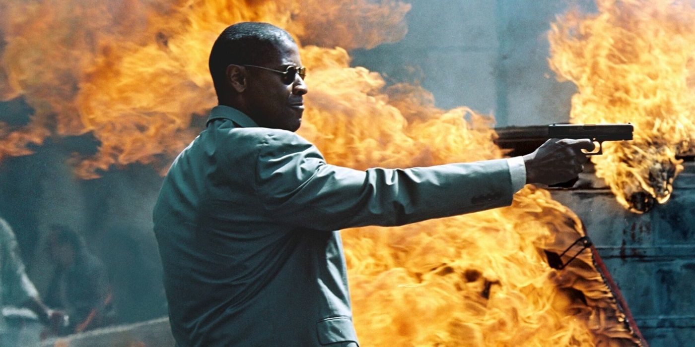 Denzel Washington firing a gun in Man on Fire.