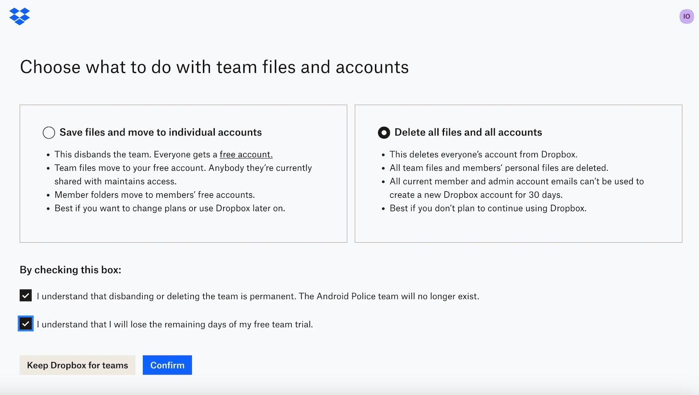 Confirmation web page for deleting team Dropbox accounts