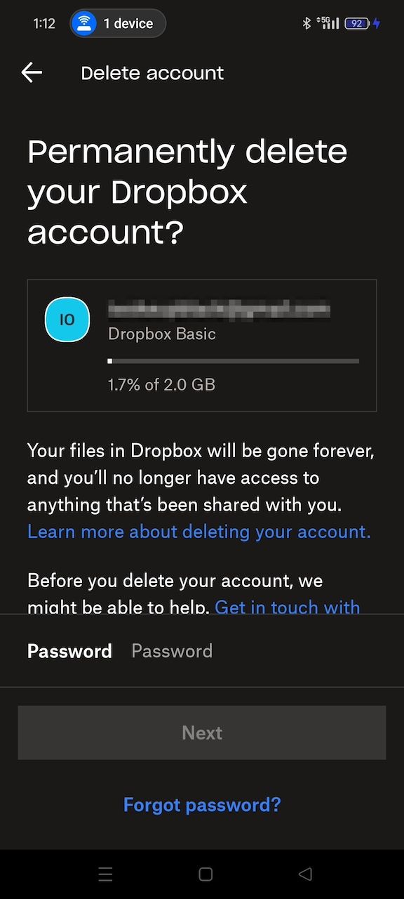 Warning before deleting Dropbox account on the mobile app