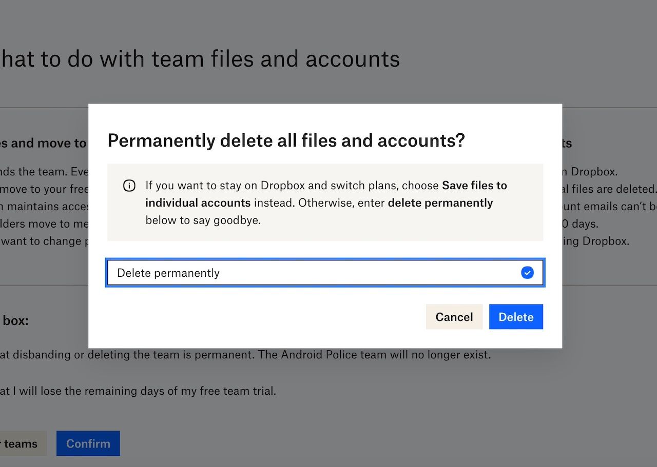 Text box for typing delete command to wipe Dropbox team account on the website