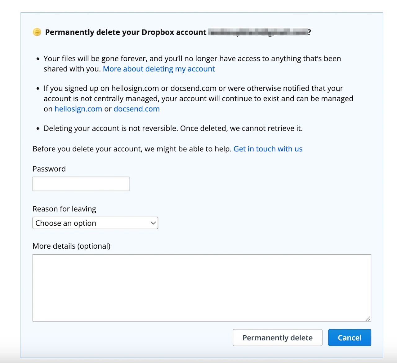 Confirmation page for permanently deleting Dropbox account on the website