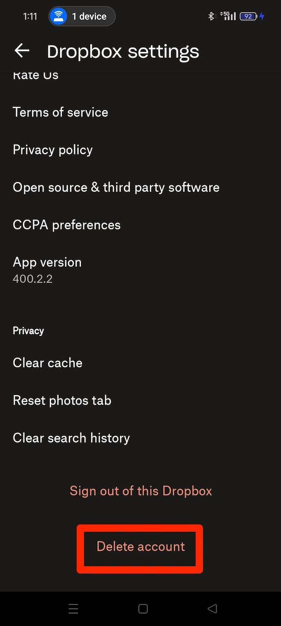 Selecting Delete account option in Dropbox app settings menu