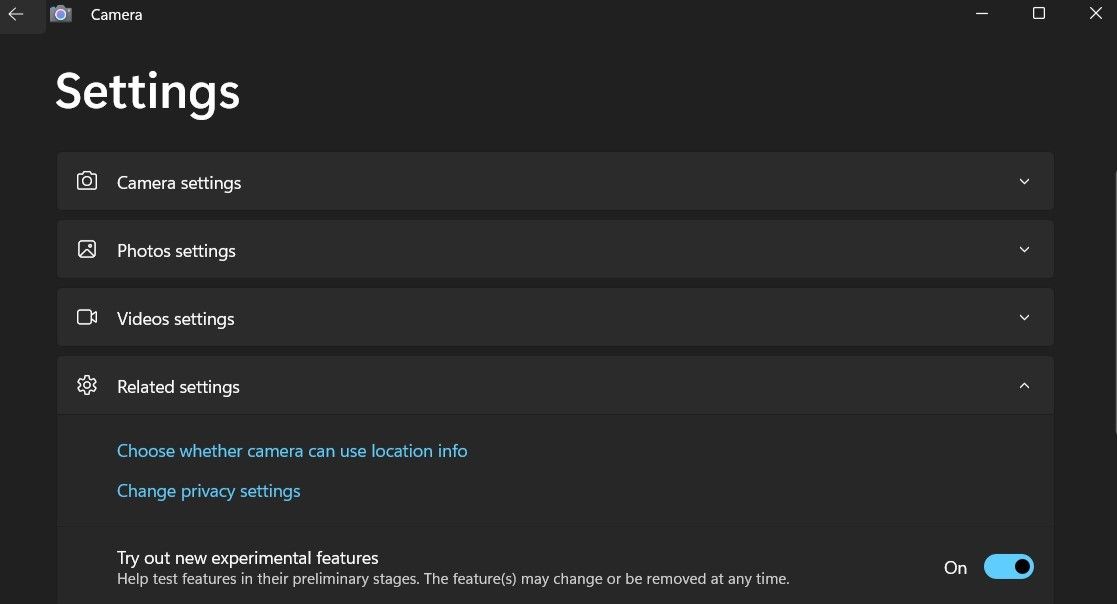 The Windows Camera settings page