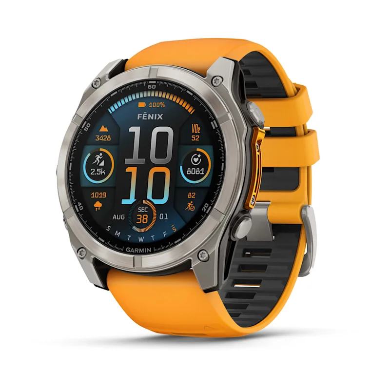 Garmin Fenix 8 with orange band on white background