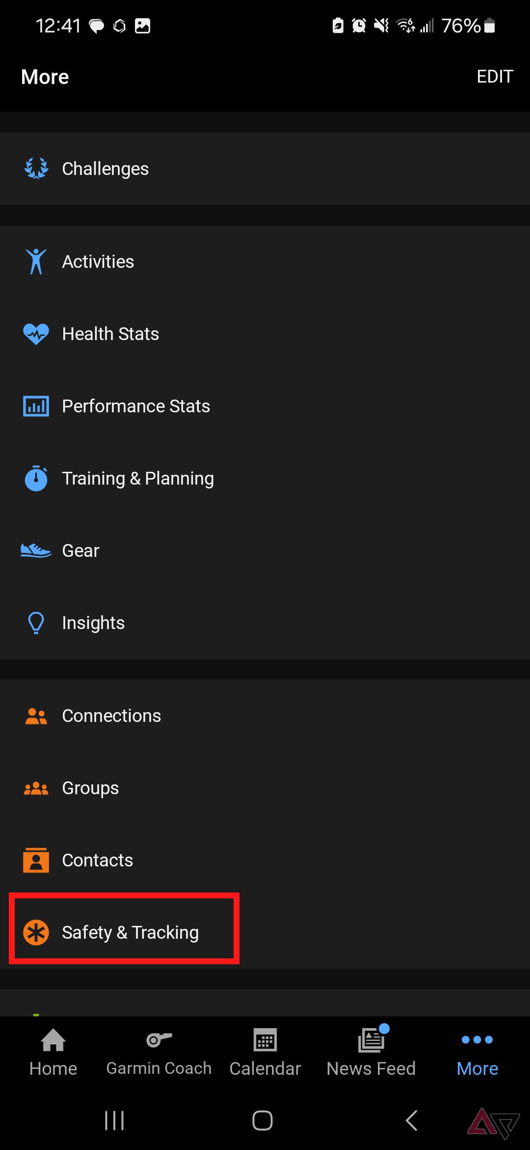 A screenshot of the Garmin Connect app with Safety & Tracking highlighted. 