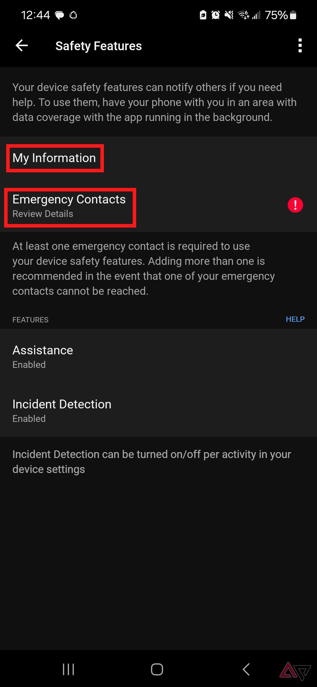 A screenshot of the Garmin Connect app with Safety Features highlighted. 