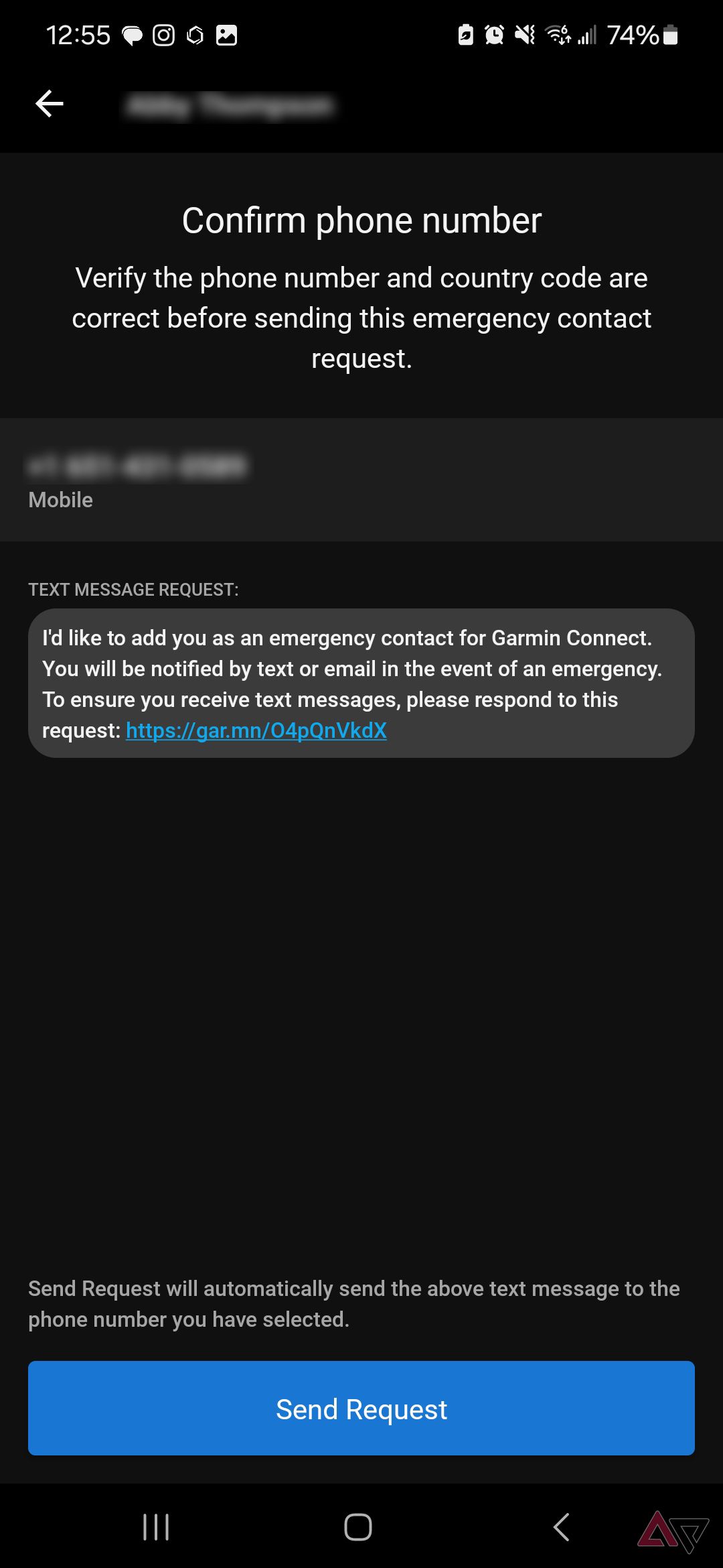 A screenshot of the Garmin Connect app with the Emergency Contact feature highlighted. . 