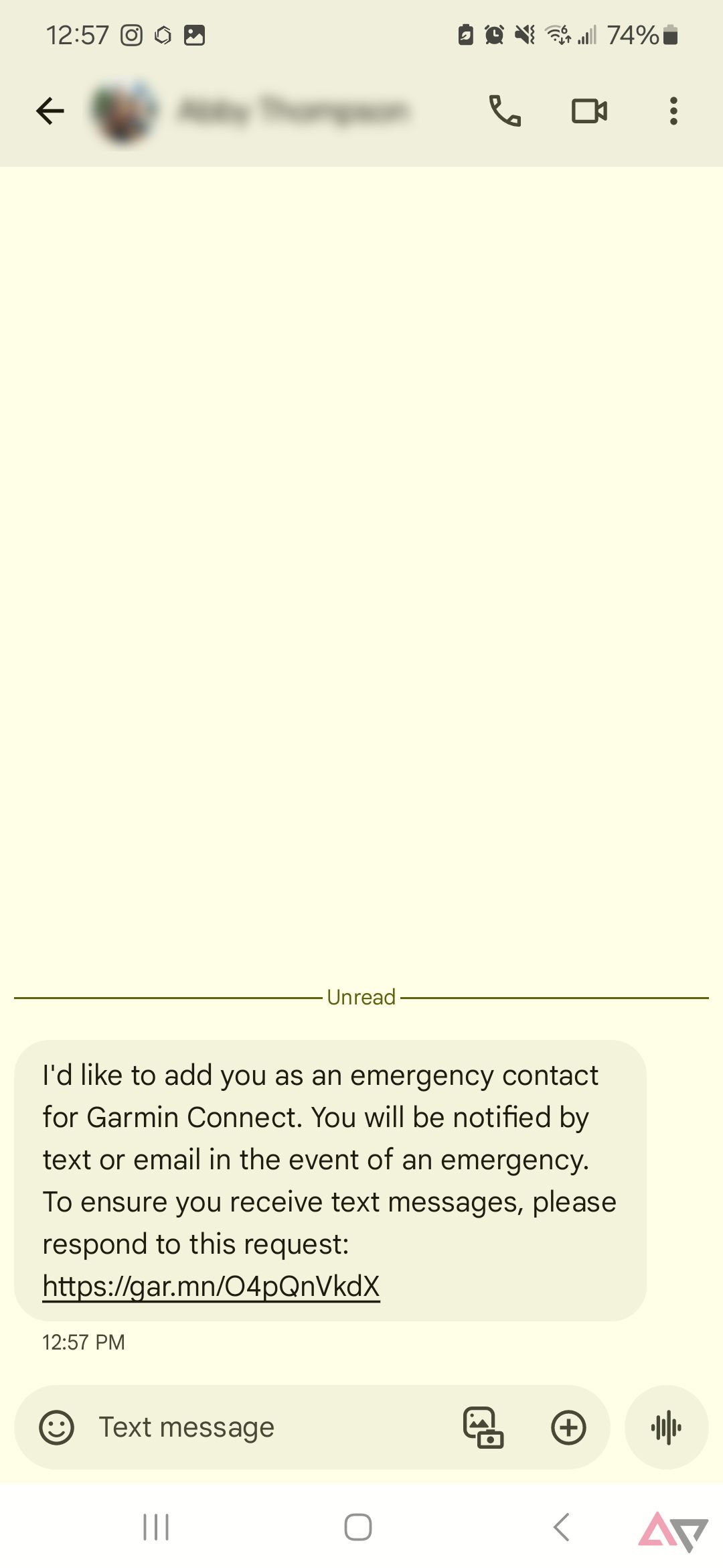 A screenshot of a text from Garmin for adding an Emergency Contact. 