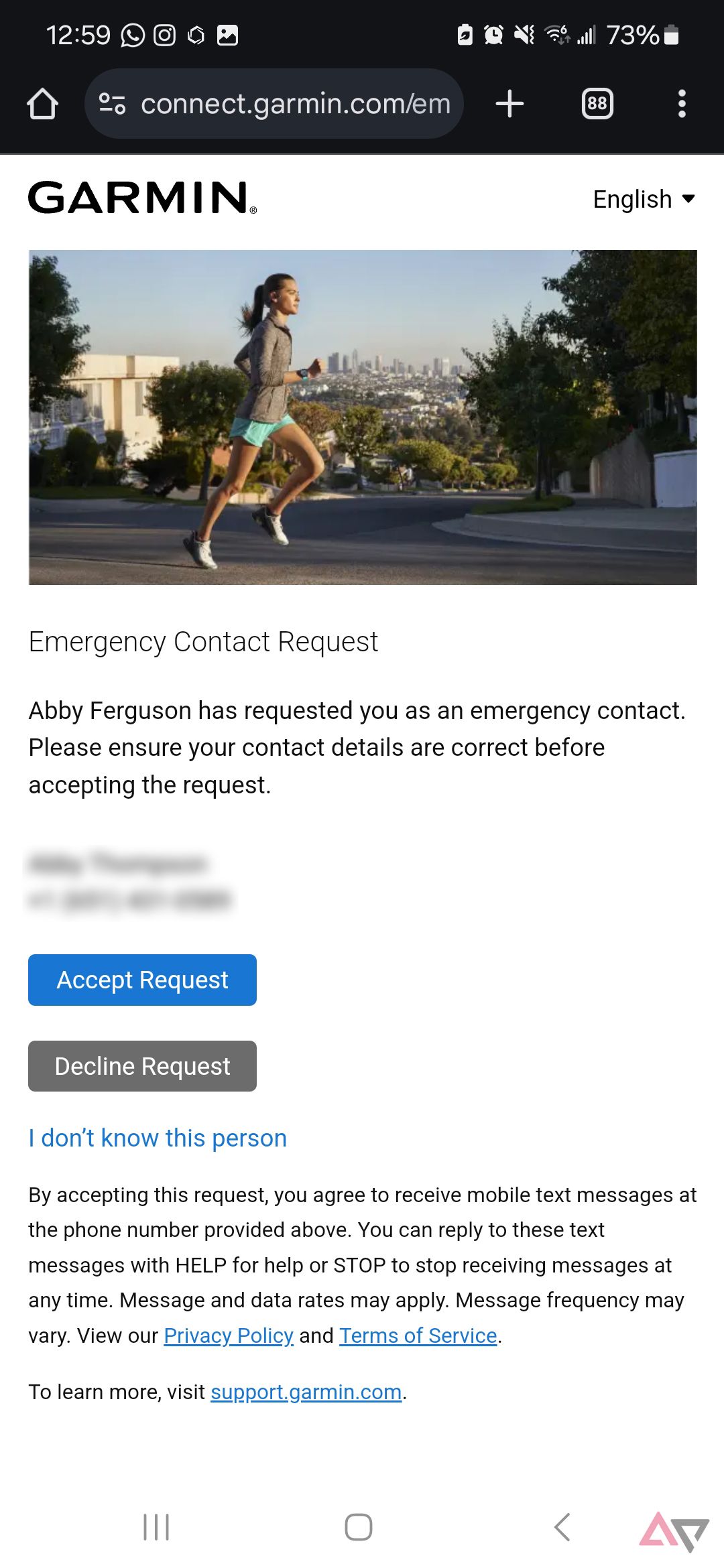 A screenshot of the Garmin website shows the option to accept being added as an Emergency Contact.