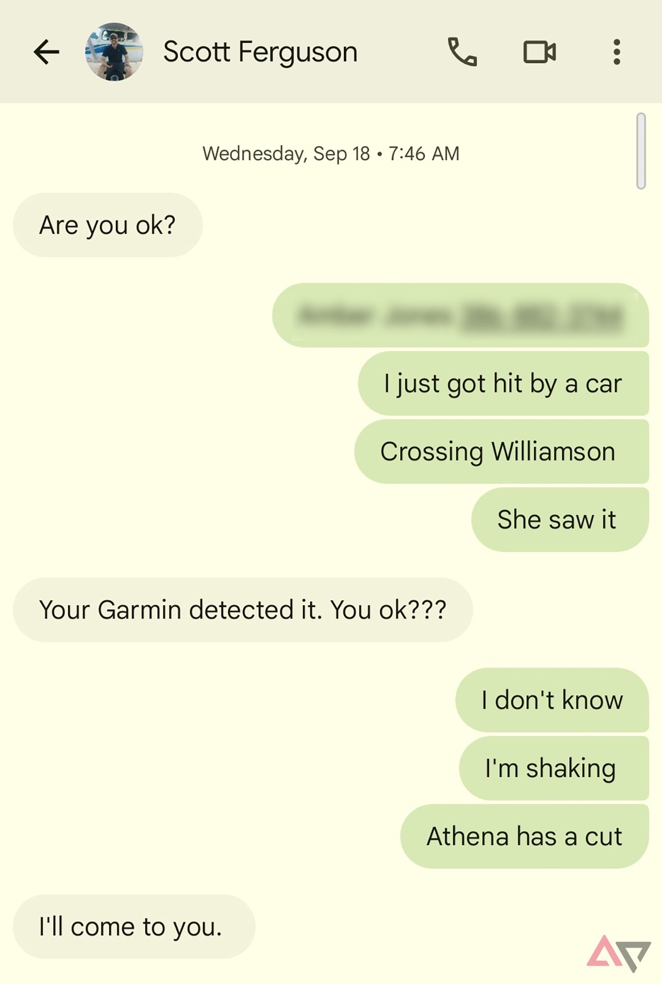 A screenshot of the Messages app with texts about an accident. 