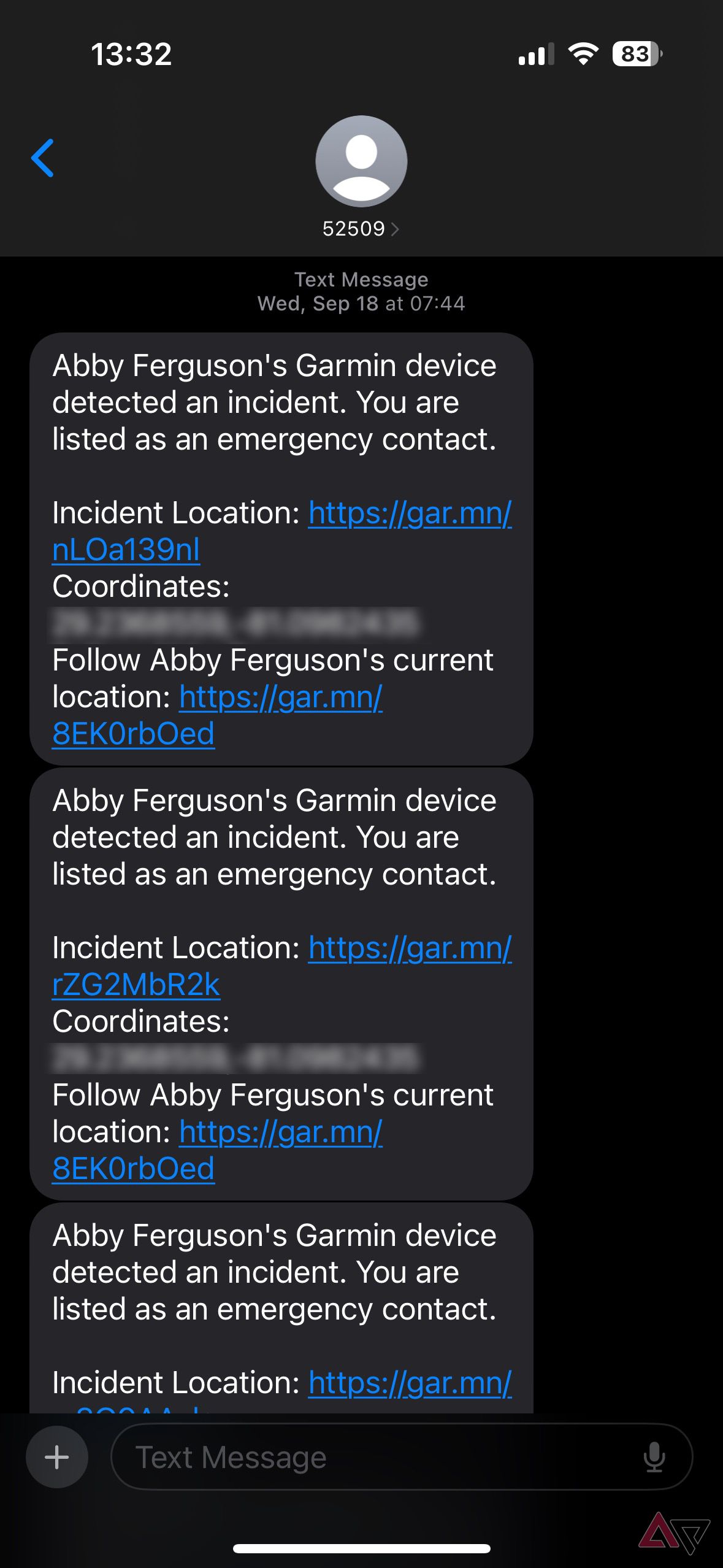 A screenshot of text messages triggered by Garmin Incident Detection. 