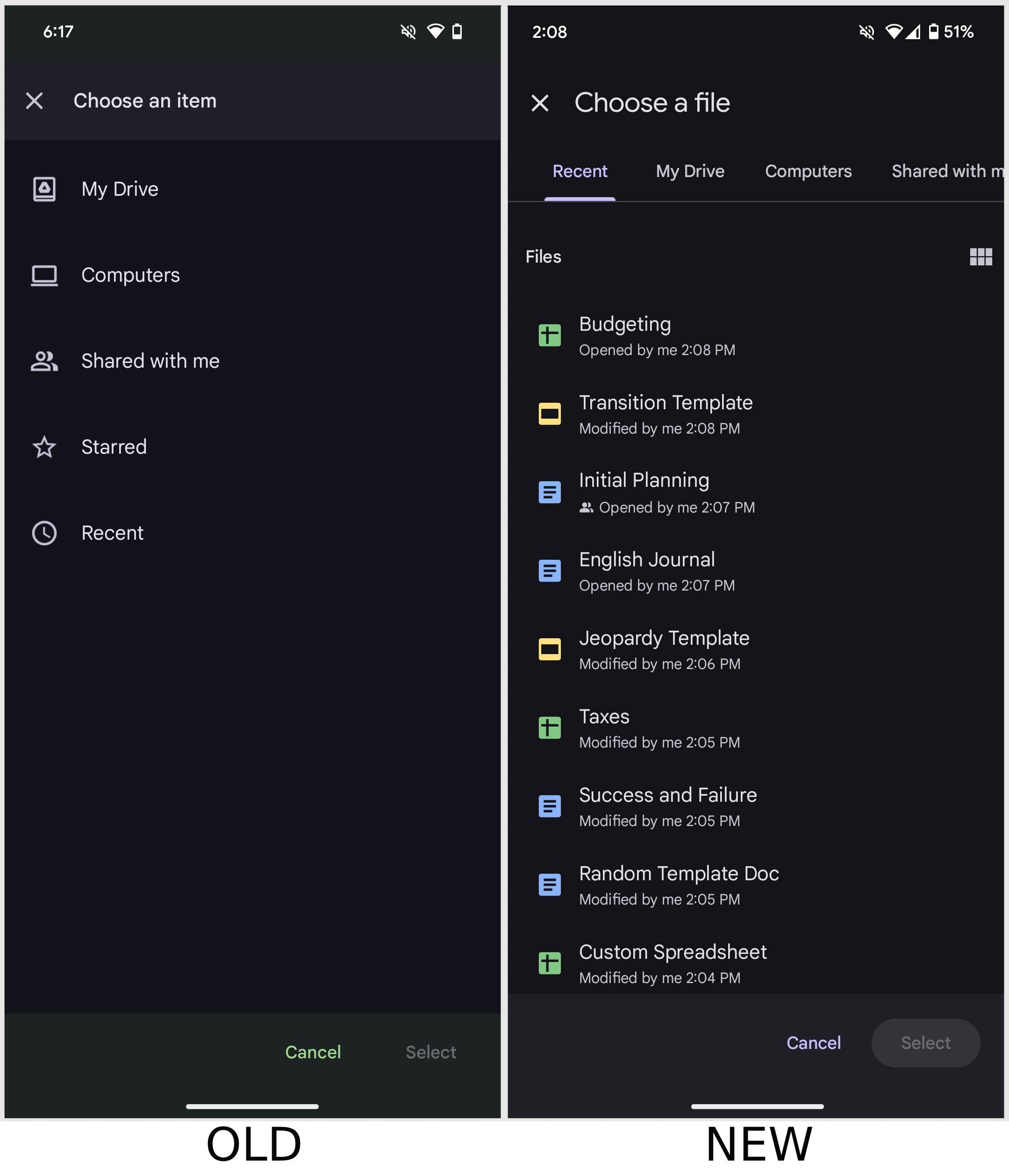 Screenshots of the old and new Google Drive file picker UI.