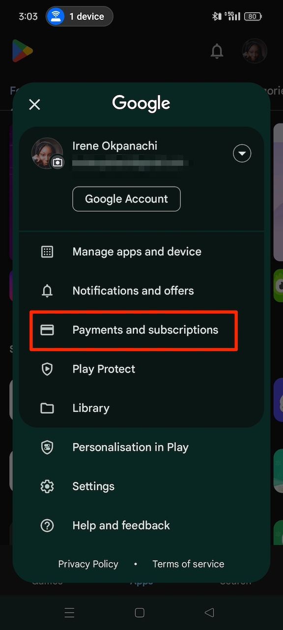 Selecting Payments and subscriptions option on Google Play Store account menu