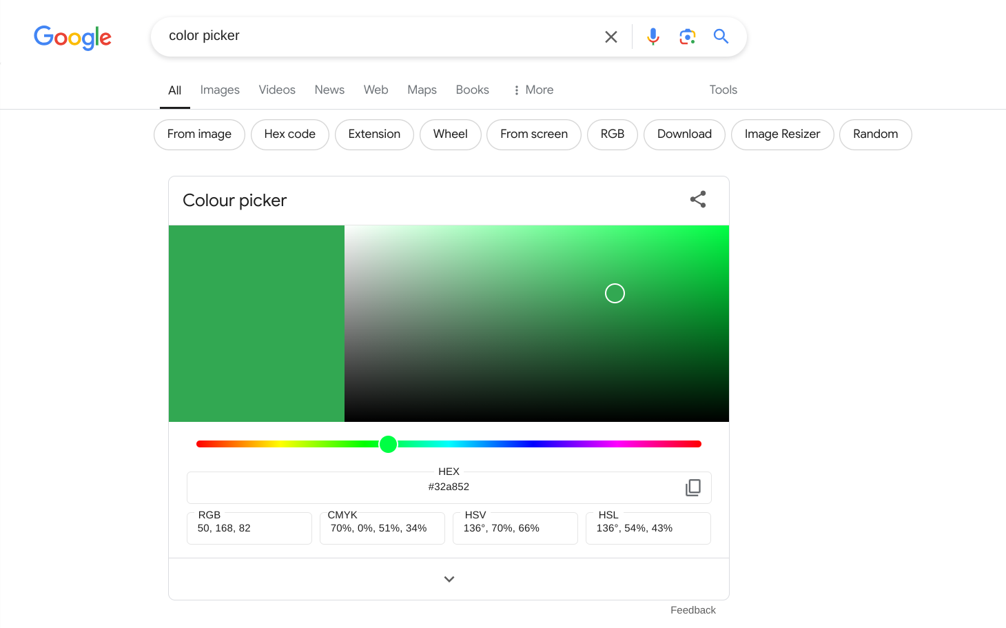 Google Search's Color Picker widget in action