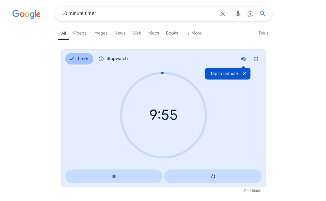 Google Search's timer widget in action