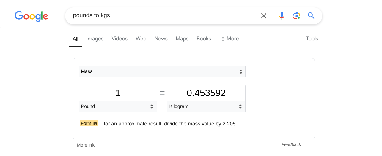 Google Search's units converter in action