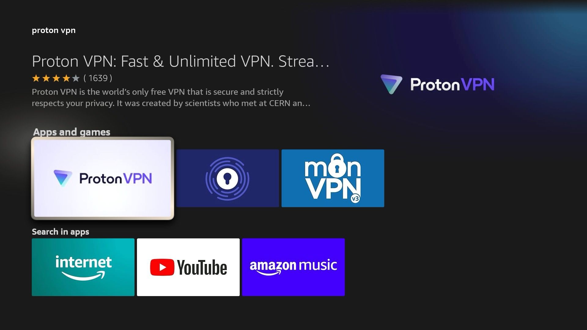 search for Proton VPN on FireStick