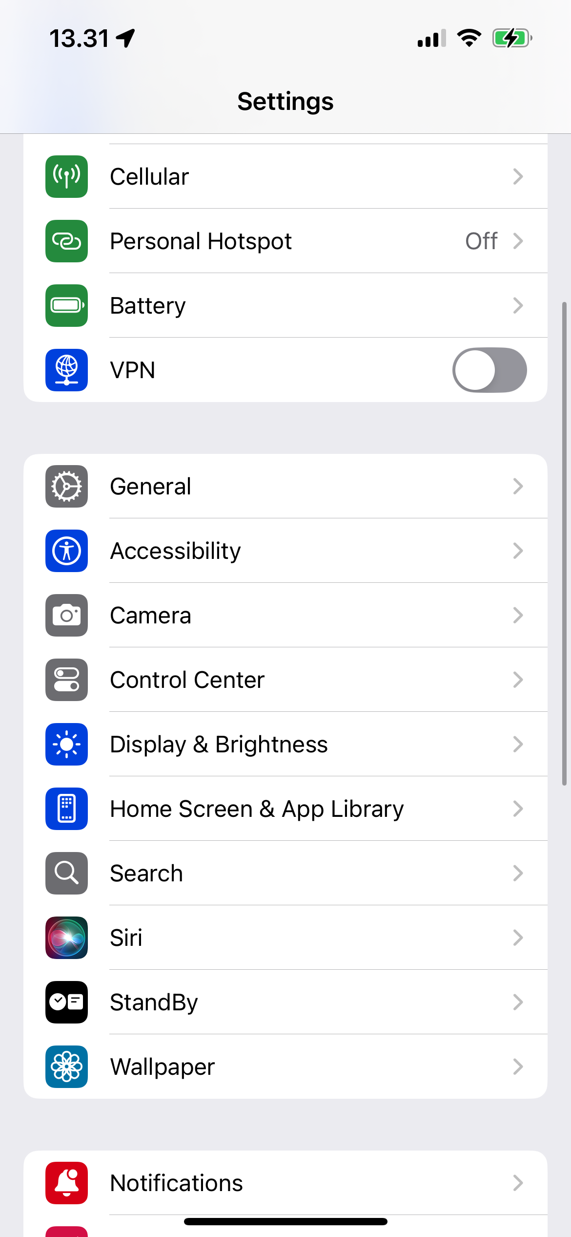 The Settings homepage in iOS 18