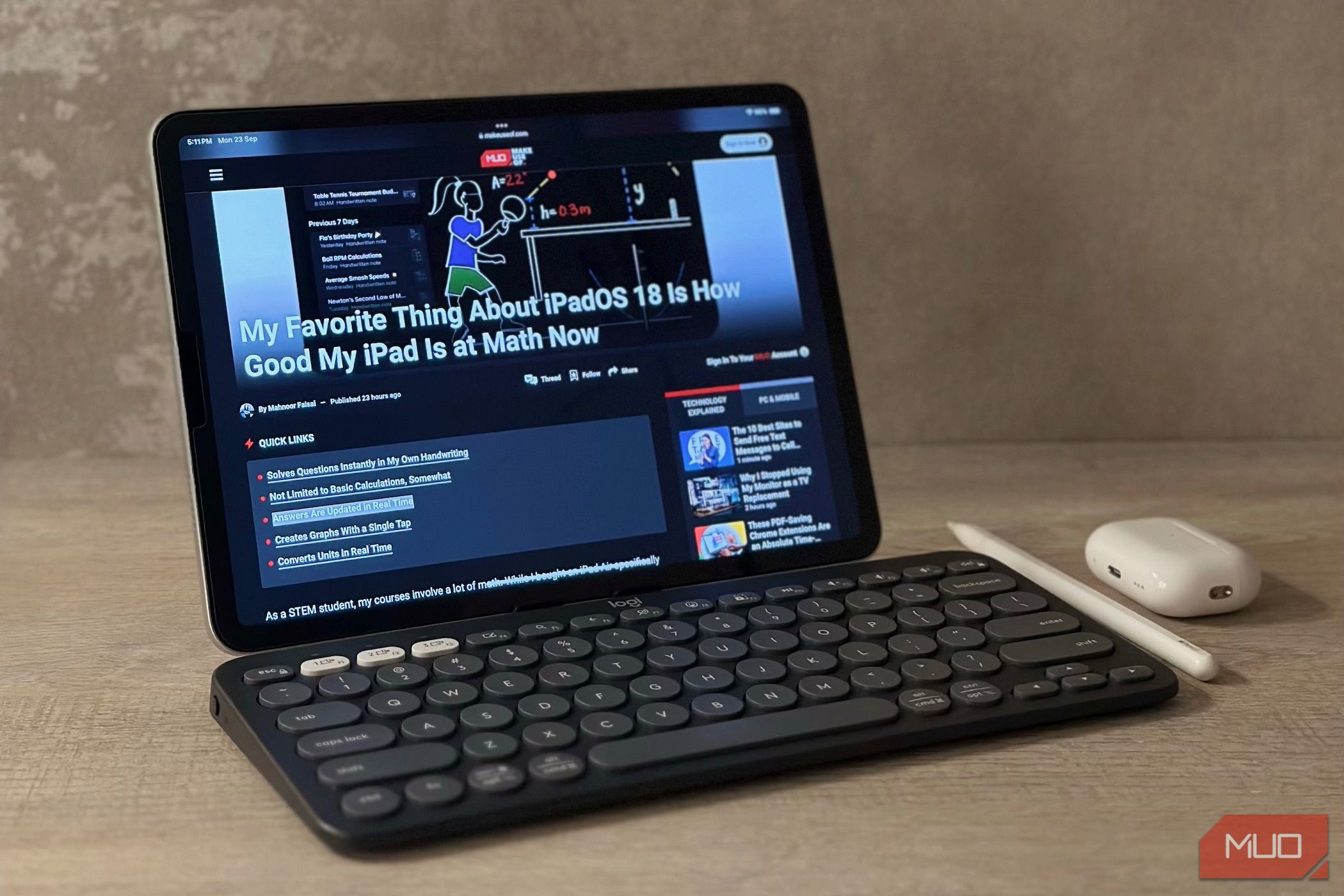 iPad alongside an Apple Pencil, Logitech Pebble 2 keyboard, and AirPods on a table