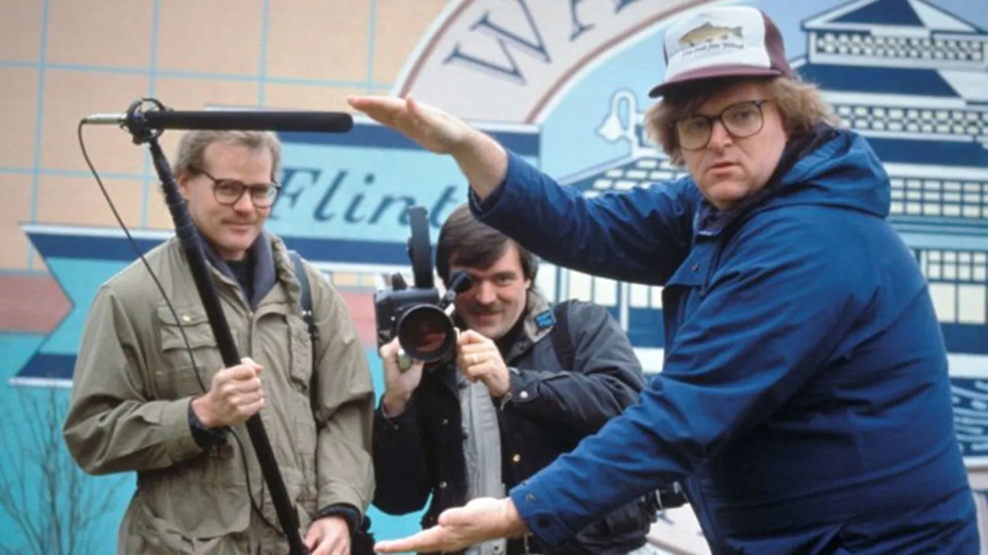 Michael Moore slating a scene in the movie Roger and Me