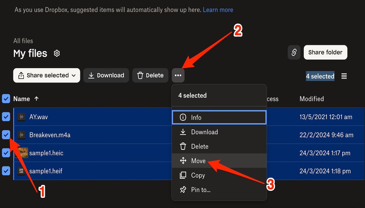 Selecting and moving files between folders on Dropbox website