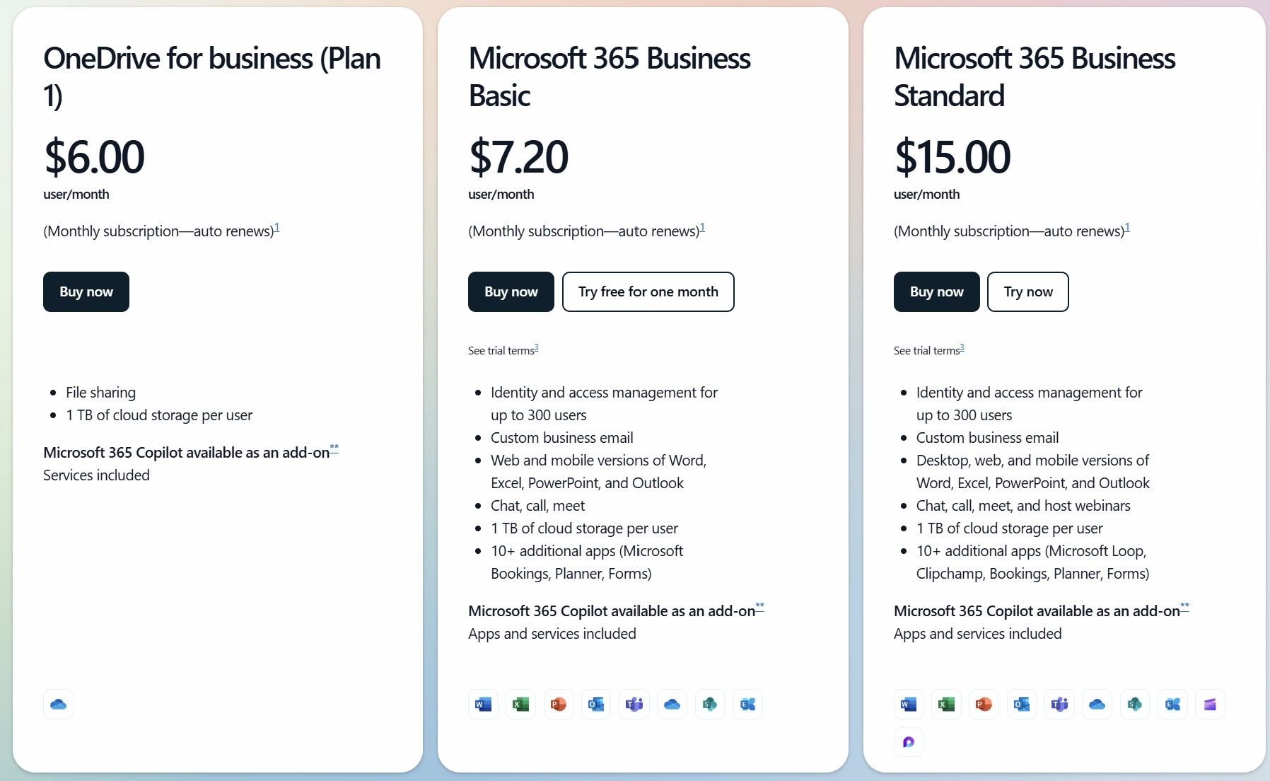 A list of features and pricing for the business tiers of Microsoft 365